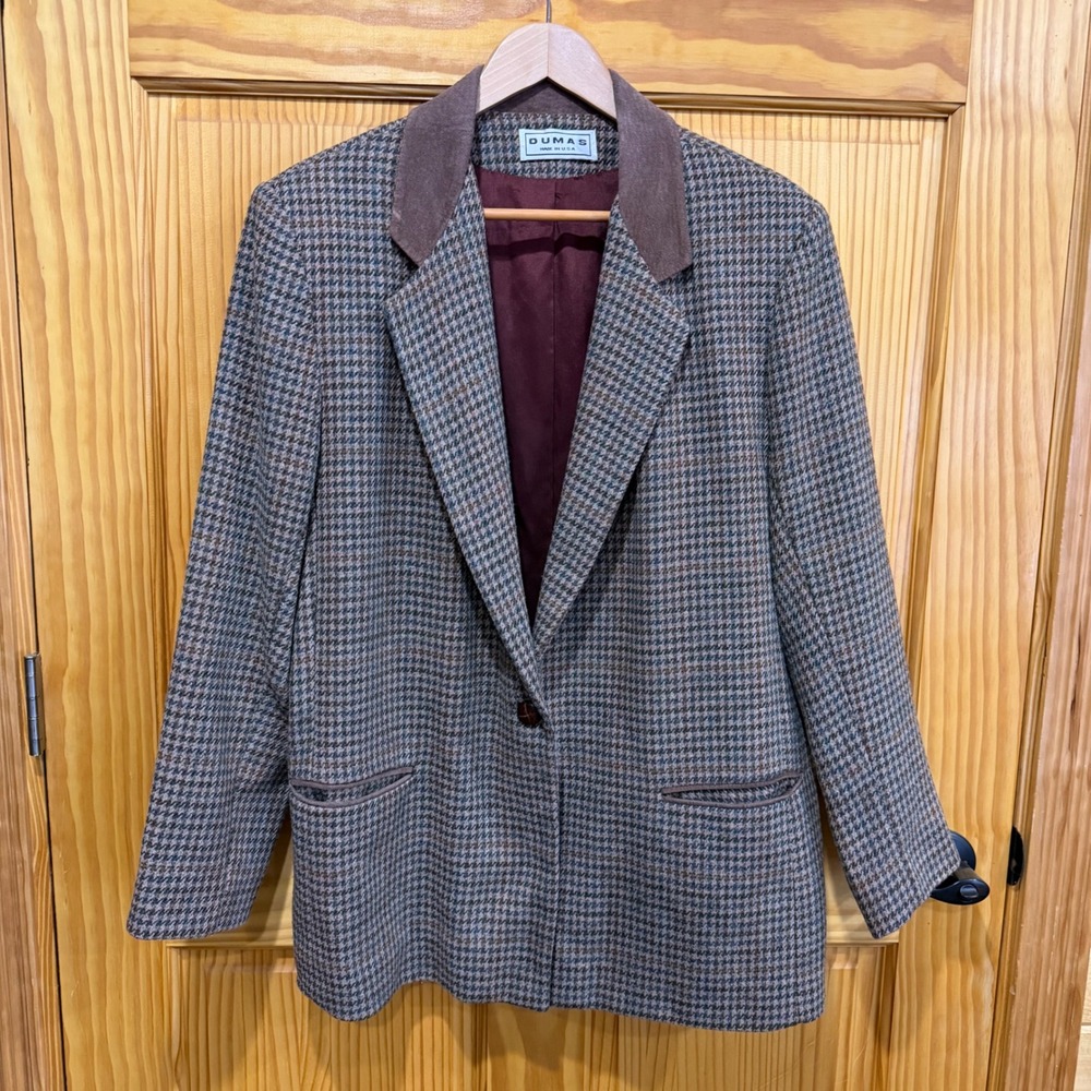 Women's Houndstooth Blazer XL Dumas Brown Contrast Collar Made USA